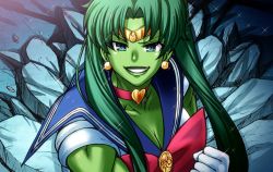 Rule 34 | 1girl, animification, bishoujo senshi sailor moon, breasts, chiba toshirou, choker, circlet, cleavage, collarbone, colored skin, cosplay, derivative work, earrings, green eyes, green hair, green skin, grin, heart, heart choker, jewelry, looking at viewer, marvel, meme, muscular, red choker, rubble, sailor moon, sailor moon (cosplay), sailor moon redraw challenge (meme), sailor senshi, sailor senshi uniform, she-hulk, smile, solo, sparkle
