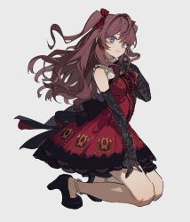 Rule 34 | 1girl, :3, absurdres, anklet, back bow, black footwear, blue eyes, blush, bow, bowtie, brown hair, commentary, cross-laced clothes, dress, earrings, elbow gloves, full body, gloves, grey background, hair bow, high heels, highres, ichinose shiki, idolmaster, idolmaster cinderella girls, idolmaster cinderella girls starlight stage, jewelry, kneeling, lace, lace gloves, long hair, looking at viewer, pearl anklet, red dress, simple background, sleeveless, sleeveless dress, smile, solo, striped bow, striped bowtie, striped clothes, striped neckwear, two side up, wavy hair, zhibuji loom