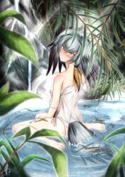 Rule 34 | 1girl, barefoot, bird tail, blush, breasts, camisole, commentary request, dated, forest, frilled panties, frills, gradient hair, grass, green eyes, grey hair, hair tie, head wings, highres, kemono friends, looking at viewer, looking back, moricissist, multicolored hair, nature, panties, partially submerged, plant, rock, shoebill (kemono friends), side-tie panties, signature, sitting, small breasts, soles, solo, spaghetti strap, strap slip, tail, toenails, toes, tsurime, underwear, wariza, water, waterfall, white camisole, white panties, wings