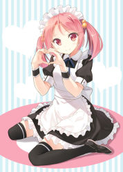 Rule 34 | 10s, 1girl, alternate costume, apron, black thighhighs, blush, enmaided, frilled apron, frills, full body, hair bobbles, hair ornament, heart, heart hands, hyuuga azuri, kantai collection, maid, maid apron, maid headdress, mary janes, neck ribbon, pink eyes, pink hair, ribbon, sazanami (kancolle), shoes, short sleeves, sitting, smile, solo, striped, striped background, thighhighs, twintails, vertical stripes, wariza