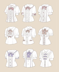 Rule 34 | blouse, blue neckwear, bow, bowtie, brown background, collared shirt, cross-laced clothes, frilled shirt, frills, nanananoka, neck ribbon, no humans, orange neckwear, original, red neckwear, ribbon, shirt, signature, simple background, variations, white shirt