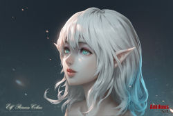 Rule 34 | 1girl, antilous, aqua eyes, bare shoulders, character name, dappled sunlight, elf, english text, eyelashes, light particles, light smile, lips, looking away, looking up, medium hair, original, pointy ears, portrait, solo, sunlight, white hair