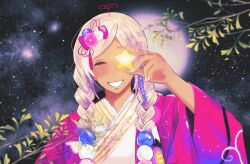 Rule 34 | 1girl, absurdres, blush, braid, catfish (pixiv 28197383), commentary, dark-skinned female, dark skin, facing viewer, flower, hair flower, hair ornament, highres, holding, holding star, hololive, hololive english, japanese clothes, kimono, light brown hair, long hair, night, night sky, outdoors, pink kimono, planet hair ornament, sky, smile, solo, star (symbol), symbol-only commentary, tearing up, tsukumo sana, tsukumo sana (new year), twintails, upper body, very long hair, virtual youtuber