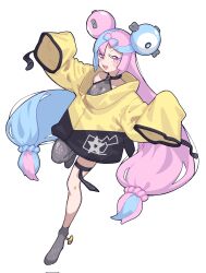 Rule 34 | 1girl, blue hair, blush, bow-shaped hair, character hair ornament, creatures (company), fugota6509, full body, game freak, grey footwear, grey pantyhose, hair ornament, highres, iono (pokemon), jacket, long hair, looking at viewer, low-tied long hair, multicolored hair, nintendo, open mouth, oversized clothes, pantyhose, pink eyes, pink hair, pokemon, pokemon sv, sharp teeth, shirt, simple background, single leg pantyhose, sleeveless, sleeveless shirt, sleeves past fingers, sleeves past wrists, smile, solo, standing, standing on one leg, teeth, thigh strap, twintails, two-tone hair, very long hair, white background, wide sleeves, yellow jacket