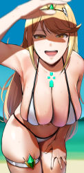 Rule 34 | 1girl, bakkanki, black dress, blonde hair, blue sky, blush, breasts, breasts out, commentary request, covered navel, day, dress, habit, hand on own leg, hands on own chest, hanging breasts, heart, highres, large breasts, leaning forward, long hair, looking at viewer, mythra (xenoblade), nintendo, no bra, open mouth, outdoors, parted bangs, revision, sitting, sky, solo, standing, thighhighs, thighs, very long hair, wet, white thighhighs, xenoblade chronicles (series), xenoblade chronicles 2, yellow eyes