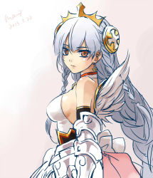 Rule 34 | 1girl, armor, braid, earrings, jewelry, light valkyrie (p&amp;d), looking at viewer, man2, puzzle &amp; dragons, red eyes, silver hair, valkyrie (p&amp;d)