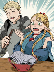 Rule 34 | 1boy, 1girl, armor, blonde hair, blue capelet, blue hood, blue robe, blush, bowl, braid, capelet, chinese commentary, choker, chopsticks, closed eyes, dated, dungeon meshi, ears down, elf, food, green eyes, hair ribbon, highres, holding, holding chopsticks, hood, hooded capelet, isopod, laios touden, long hair, looking down, marcille donato, noodles, open mouth, perle arte, plate armor, pointy ears, ponytail, ramen, red choker, red ribbon, ribbon, robe, short hair, signature, smile, surprised, sweatdrop, tears, twin braids, wide sleeves
