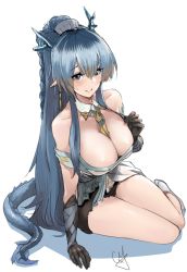 Rule 34 | 1girl, arknights, bare shoulders, between breasts, black gloves, blue eyes, blue hair, blush, breasts, cleavage, cyk (cyk451), dragon horns, dragon tail, gloves, hair between eyes, highres, horns, large breasts, ling (arknights), long hair, looking at viewer, pointy ears, ponytail, sitting, smile, solo, sweatdrop, tail, very long hair