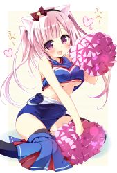 Rule 34 | 1girl, animal ears, black hairband, black thighhighs, blue one-piece swimsuit, blush, cat ears, cheerleader, clothes pull, fang, hairband, looking at viewer, nagayama yuunon, one-piece swimsuit, one-piece swimsuit pull, open mouth, original, pink eyes, pink hair, pom pom (cheerleading), school swimsuit, solo, swimsuit, swimsuit under clothes, thighhighs, undressing
