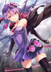 Rule 34 | 1girl, black thighhighs, dress, hair ornament, highres, jacket, long hair, looking at viewer, md5 mismatch, purple hair, re lucy, red eyes, resolution mismatch, revision, short hair with long locks, solo, source larger, strapless, strapless dress, thighhighs, twintails, vocaloid, voiceroid, yuzuki yukari, zettai ryouiki