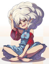 Rule 34 | 1girl, bare shoulders, big hair, blue dress, detached sleeves, dress, earrings, frilled skirt, frills, full body, highres, indian style, jewelry, pointy ears, red eyes, red sleeves, sharp teeth, shirt, sitting, skirt, solo, syope, teeth, touhou, sunken fossil world, toutetsu yuuma, white hair, white shirt