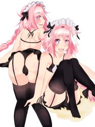 Rule 34 | 1boy, artist request, ass, astolfo (fate), bare shoulders, bikini, black thighhighs, blush, bow, braid, bulge, fang, fate/apocrypha, fate/grand order, fate (series), from behind, garter straps, hair bow, hair intakes, headdress, highres, long hair, looking at viewer, maid, maid bikini, maid headdress, male focus, multicolored hair, naughty face, open mouth, pink eyes, pink hair, shiny skin, single braid, smile, solo, swimsuit, thighhighs, trap, two-tone hair, unconventional maid, very long hair, white hair
