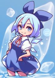 Rule 34 | 1girl, blue background, blue bow, blue dress, blue eyes, blue hair, blue theme, bow, cirno, commentary, dated, dated commentary, dress, hair between eyes, hair bow, hands on own hips, ice, ice wings, looking at viewer, neck ribbon, pinafore dress, puffy short sleeves, puffy sleeves, red ribbon, ribbon, shirt, short hair, short sleeves, sleeveless dress, smile, solo, split mouth, striped, touhou, umenodo, white shirt, wings