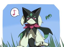 Rule 34 | aogoto41, black fur, body fur, cat, cat nose, claws, creatures (company), furry, game freak, green fur, half-closed eyes, highres, mask, meowscarada, musical note, nintendo, no humans, pawpads, pink eyes, pokemon, pokemon (creature), short tail, solo, spoken musical note, tail, two-tone fur