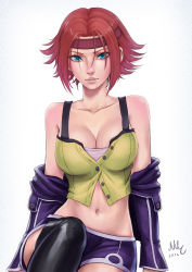 Rule 34 | 1girl, 2016, bare shoulders, blue eyes, breasts, cleavage, code geass, headband, highres, jacket, kouzuki kallen, large breasts, lips, midriff, navel, off shoulder, order of the black knights uniform, realistic, red hair, sciamano240, short hair, short shorts, shorts, solo, thighhighs