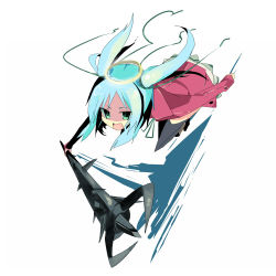 Rule 34 | 00s, 1girl, blue hair, bokusatsu tenshi dokuro-chan, club, club (weapon), dress, flying, green eyes, halo, kanikama, long hair, looking at viewer, looking back, mitsukai dokuro, red dress, simple background, solo, spiked club, twintails, weapon, white background