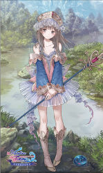 Rule 34 | 1girl, atelier (series), atelier totori, bare shoulders, boots, brown eyes, brown hair, crown, detached sleeves, female focus, flat chest, forest, frills, full body, gem, highres, kishida mel, knee boots, lake, legs, long hair, miniskirt, nature, pink footwear, pleated skirt, skirt, smile, solo, staff, standing, totooria helmold, weapon, wide sleeves