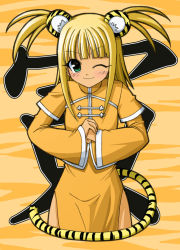 Rule 34 | 00s, 1girl, animal ears, blonde hair, chinese clothes, dark-skinned female, dark skin, kisaragi yuki, kufei, mahou sensei negima!, one eye closed, own hands together, palm-fist greeting, solo, tail, tiger ears, tiger tail, twintails, two side up, wink