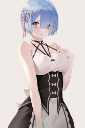 Rule 34 | 1girl, absurdres, bare arms, bare shoulders, black dress, blue eyes, blue hair, breasts, dress, eyes visible through hair, flower knot, hair ornament, hair over one eye, halterneck, hand on own chest, highres, looking at viewer, medium breasts, parted lips, re:zero kara hajimeru isekai seikatsu, rem (re:zero), short hair, simple background, sleeveless, sleeveless dress, solo, star741, upper body, white background, x hair ornament