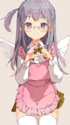 Rule 34 | 1girl, anmi, apron, glasses, heart, heart hands, light smile, one side up, plaid, plaid skirt, purple eyes, purple hair, side ponytail, skirt, solo, thighhighs, white thighhighs, wings, zettai ryouiki