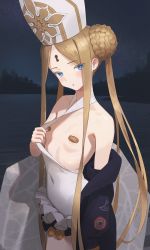 Rule 34 | 1girl, abigail williams (fate), abigail williams (swimsuit foreigner) (fate), abigail williams (swimsuit foreigner) (second ascension) (fate), absurdres, bandaid, bandaids on nipples, bare shoulders, black bow, black jacket, blonde hair, blue eyes, blush, bow, braid, braided bun, breasts, clothes pull, covered erect nipples, double bun, dress swimsuit, fate/grand order, fate (series), forehead, hair bun, hat, highres, jacket, keyhole, long hair, long sleeves, looking at viewer, mitre, multiple bows, off shoulder, one-piece swimsuit, one-piece swimsuit pull, one breast out, open clothes, open jacket, open mouth, orange bow, parted bangs, pasties, sidelocks, siu hing5262, small breasts, swimsuit, thighs, twintails, very long hair, white hat, white one-piece swimsuit