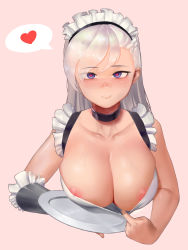 Rule 34 | 1girl, absurdres, asymmetrical bangs, azur lane, bad id, bad pixiv id, bare shoulders, belfast (azur lane), black collar, blue eyes, blush, braid, breasts, breasts on tray, calligraphy brush (medium), clothes pull, collar, collarbone, dress, dress pull, french braid, frills, heart, heart-shaped pupils, highres, huge breasts, long hair, looking at viewer, maid, maid headdress, moonlit, nipple slip, nipples, no bra, no gloves, nose blush, pink background, silver hair, smile, solo, spoken heart, swept bangs, symbol-shaped pupils, tray, upper body, vambraces, veins, veiny breasts