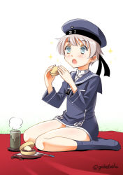 Rule 34 | 10s, 1girl, blue eyes, blush, cup, dress, eating, food, grass, hat, holding, kantai collection, open mouth, sailor dress, sailor hat, seiza, short hair, silver hair, sitting, sogabe toshinori, solo, sparkle, steam, teacup, twitter username, wagashi, white background, yunomi, z1 leberecht maass (kancolle)