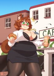 Rule 34 | 1girl, absurdres, animal ear fluff, animal ears, artist name, belly, blue sky, breasts, brown hair, chimeracauldron, cleavage, closed mouth, commission, covered navel, drink, drinking straw, feet out of frame, film grain, food, glasses, green eyes, green nails, highres, holding, holding drink, holding food, indie virtual youtuber, lanyard, large breasts, long sleeves, looking away, mint castella, nail polish, office lady, outdoors, plump, popped button, red-framed eyewear, semi-rimless eyewear, sky, solo, sweat, tail, thick thighs, thighs, umbrella, virtual youtuber, window, wing collar