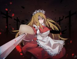 Rule 34 | 1girl, absurdres, apron, blonde hair, breasts, cross, dress, frilled apron, frills, highres, holding, holding sword, holding weapon, large breasts, long dress, long hair, maid, maid headdress, mandarok1149, open mouth, red dress, sword, touhou, very long hair, weapon, white apron, yellow eyes, yumeko (touhou)