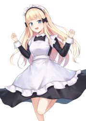 Rule 34 | 1girl, absurdres, alternate costume, black bow, blonde hair, blue eyes, blunt bangs, blush, bow, breasts, hair bow, hair ornament, highres, long hair, looking at viewer, maid, okey, open mouth, princess connect!, saren (princess connect!), simple background, skirt, solo