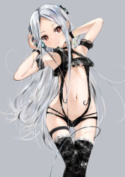 Rule 34 | 1girl, armpits, bare shoulders, black leotard, black thighhighs, blush, center opening, closed mouth, forehead, frilled thighhighs, frills, grey background, groin, hands up, head tilt, headphones, highres, leotard, long hair, looking at viewer, navel, original, parted bangs, red eyes, sakazakinchan, silver hair, simple background, solo, thighhighs, very long hair