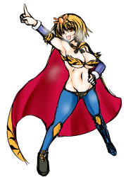 Rule 34 | 1girl, adapted costume, animal print, arm up, armpits, bare shoulders, bikini, blonde hair, breasts, cape, cleavage, female focus, groin, hair ornament, hand on own hip, large breasts, mabuchoco m, navel, open mouth, pantyhose, pointing, red eyes, short hair, simple background, sketch, solo, swimsuit, tiger print, toramaru shou, touhou, white background