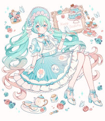 Rule 34 | 1girl, alternate costume, animal print, anklet, aqua eyes, aqua hair, birdcage, blue bow, blue bowtie, blue dress, blue flower, blue rose, bow, bowtie, bug, butterfly, butterfly print, cage, cake, choker, cup, cupcake, dress, english text, enmaided, floral print, flower, food, frilled dress, frilled gloves, frills, gloves, gradient eyes, gradient hair, happy birthday, hatsune miku, high heels, highres, hoshifuru akiyo, insect, jar, jewelry, lolita fashion, long hair, looking at viewer, macaron, maid, multicolored eyes, multicolored hair, pastel colors, picture frame, pink eyes, pink flower, pink hair, pink rose, plate, porcelain, puffy short sleeves, puffy sleeves, ribbon choker, rose, rose print, saucer, short sleeves, solo, sweets, teacup, teapot, twintails, very long hair, vocaloid, white background, white footwear, white gloves