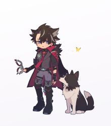 Rule 34 | 1boy, black footwear, black gloves, black hair, black shirt, blue eyes, blush stickers, bug, butterfly, coat, coat on shoulders, dog, full body, genshin impact, gloves, hair between eyes, highres, holding, insect, looking at viewer, male focus, necktie, no nose, pants, parted lips, purple pants, red necktie, serihara, shirt, short hair, standing, wriothesley (genshin impact), yellow butterfly