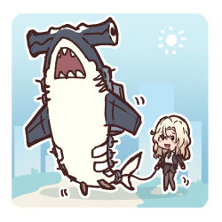 Rule 34 | 1girl, abyssal ship, black pantyhose, blonde hair, chibi, commentary, day, pet walking, edwin (cyberdark impacts), english commentary, hair intakes, hammerhead shark, holding, holding leash, hornet (kancolle), kantai collection, leash, long sleeves, open mouth, pantyhose, sharp teeth, size difference, smile, south pacific aircraft carrier princess, sun, teeth