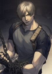 Rule 34 | 1boy, black gloves, black shirt, blonde hair, blue eyes, chain, chained, dated, fingerless gloves, gloves, harness, leon s. kennedy, looking at viewer, male focus, muted color, no sense of shame, parted bangs, parted lips, resident evil, resident evil 4, resident evil 4 (remake), shirt, short hair, short sleeves, signature, solo, tight clothes, tight shirt, toned, toned male, upper body