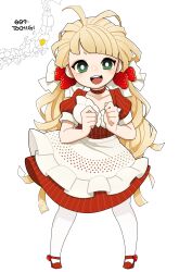 Rule 34 | 1girl, :d, absurdres, apron, blonde hair, bright pupils, choker, food-themed hair ornament, frilled apron, frills, green eyes, hair ornament, highres, japan, long hair, nobel (nobel827), open mouth, original, personification, puffy short sleeves, puffy sleeves, short sleeves, smile, solo, strawberry hair ornament, tochigi prefecture, twintails, white background, white pupils