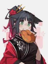 Rule 34 | 1girl, absurdres, animal ears, arknights, black dress, black hair, bread, cat ears, dress, eating, flower, food, food on face, green eyes, hair flower, hair ornament, highres, holding, holding food, japanese clothes, jessica (arknights), jessica (clivia) (arknights), looking at viewer, multicolored hair, official alternate costume, pink hair, ponytail, solo, streaked hair, togekk0, upper body, white background