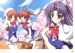 Rule 34 | 3girls, ;d, absurdres, asakura nanao, blue eyes, blue sky, bow, bowtie, brown eyes, brown hair, cherry blossoms, day, hagiwara tomoe, highres, huge filesize, legs, lyrical lyric, mikeou, multiple girls, one eye closed, open mouth, outdoors, pink hair, plant, puffy short sleeves, puffy sleeves, purple eyes, purple hair, red bow, red bowtie, school uniform, short sleeves, skirt, sky, smile, spring (season), takami rin, thighhighs, tree, twintails, upper body, white legwear, wink, zettai ryouiki