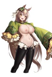 Rule 34 | 1girl, absurdres, animal ears, black panties, breasts, brown eyes, brown hair, commentary request, diamond (shape), ear ornament, highres, horse ears, horse girl, horse tail, large breasts, long hair, long sleeves, looking at viewer, meme attire, multicolored hair, navel, nipples, open mouth, panties, revealing clothes, reverse bunnysuit, reverse outfit, satono diamond (umamusume), simple background, sleeves past fingers, sleeves past wrists, smile, solo, streaked hair, tail, teeth, thong, ugohato, umamusume, underwear, upper teeth only, white background