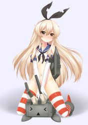 Rule 34 | 10s, 1girl, anchor, blonde hair, blush, bottomless, brown eyes, elbow gloves, gloves, hair ornament, hairband, kantai collection, long hair, looking at viewer, navel, no panties, personification, rensouhou-chan, shimakaze (kancolle), solo, striped clothes, striped thighhighs, thighhighs, torn clothes, white gloves, wolflong