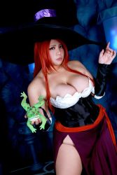 Rule 34 | 1girl, asian, book, breasts, chouzuki maryou, cosplay, dragon&#039;s crown, hat, highres, hip focus, large breasts, photo (medium), plump, red hair, solo, witch, sorceress (dragon&#039;s crown), staff, thick thighs, thighs, wide hips