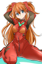 Rule 34 | 1girl, adjusting hair, armpits, arms up, blue eyes, blush, breasts, breasts apart, brown hair, curvy, hair between eyes, head tilt, hip focus, iropa, long hair, looking at viewer, neon genesis evangelion, plugsuit, shiny clothes, simple background, sitting, solo, souryuu asuka langley, spread legs, thighs, two side up, very long hair, wariza, white background, wide hips