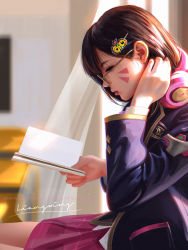 Rule 34 | 1girl, academy d.va, alternate hairstyle, bespectacled, black hair, blazer, blurry, blurry background, book, closed mouth, d.va (overwatch), day, desk, facial mark, glasses, hair ornament, headphones, headphones around neck, highres, indoors, jacket, liang xing, lips, long hair, official alternate costume, open book, overwatch, overwatch 1, profile, reading, school desk, school uniform, sitting, skirt, solo, whisker markings, wind