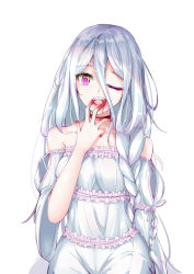 Rule 34 | 1girl, bare shoulders, blood, blood from mouth, blood on face, blood on hands, braid, choker, collarbone, commentary request, detached sleeves, dress, extra pupils, hair between eyes, kumo desu ga nani ka?, kumoko (kumo desu ga nani ka?), long braid, long hair, looking at viewer, off-shoulder dress, off shoulder, open mouth, purple eyes, red choker, sde ritsuu, shiraori, silver hair, single braid, solo, spoilers, strapless, strapless dress, upper body, very long hair, white background, white dress, white sleeves