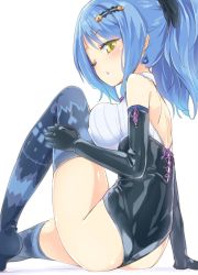 Rule 34 | 10s, 1girl, :o, bare back, bare shoulders, black gloves, blue hair, blue thighhighs, blush, bodysuit, breast press, breasts, chandelure, creatures (company), earrings, elbow gloves, female focus, game freak, gen 5 pokemon, gloves, hair ornament, hairclip, highres, homura subaru, jewelry, large breasts, leotard, nintendo, no shoes, one eye closed, parted lips, personification, pokemon, pokemon bw, ponytail, purple ribbon, ribbon, short hair, simple background, sitting, solo, thighhighs, white background, yellow eyes