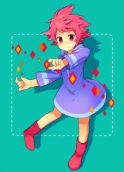 Rule 34 | 0mzum1, 1girl, closed mouth, dress, full body, hood, hoodie, kumatora, looking at viewer, mother (game), mother 3, nintendo, pink hair, shadow, short hair, simple background, smile, solo
