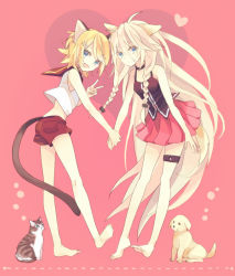 Rule 34 | 2girls, akiyoshi (tama-pete), animal ears, barefoot, blonde hair, blue eyes, braid, cat, cat ears, cat tail, dog, dog ears, dog tail, holding hands, heart, ia (vocaloid), kagamine rin, kemonomimi mode, long hair, looking at viewer, multiple girls, open mouth, pink background, pink hair, short hair, smile, tail, thigh strap, twin braids, v, very long hair, vocaloid