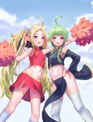 Rule 34 | 2girls, ahoge, armpits, bare shoulders, blush, breasts, bun cover, chinese clothes, day, feet out of frame, fire emblem, green hair, highres, looking at viewer, midriff, miniskirt, mother and daughter, multiple girls, nah (fire emblem), navel, nintendo, nowi (fire emblem), nzz, pelvic curtain, pointy ears, pom pom (cheerleading), purple eyes, red skirt, skirt, sleeves past wrists, small breasts, socks, stomach, thighhighs, white socks, white thighhighs