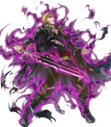 Rule 34 | 1boy, aura, blonde hair, clenched teeth, damaged, dark aura, fire emblem, fire emblem: the blazing blade, fire emblem heroes, highres, holding, holding sword, holding weapon, lloyd (fire emblem), long coat, nintendo, non-web source, official alternate eye color, official art, solo, soul patch, sword, teeth, torn clothes, undead, weapon, yellow eyes